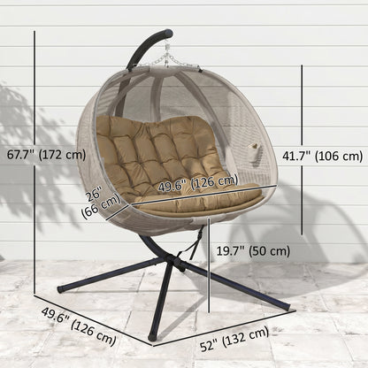 Double Egg Chair with Stand, Cushion and Pockets - Khaki