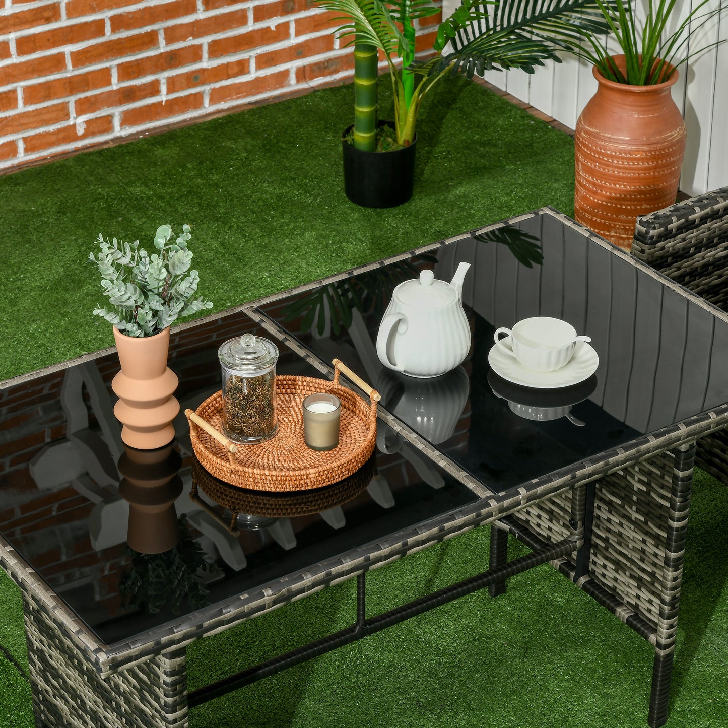 6-Piece Outdoor Patio Furniture Set with Chairs, Ottomans, Sofa, Glass Top Coffee Table and Cushions, Wicker Rattan Conversation Set for Backyard and Porch, Grey