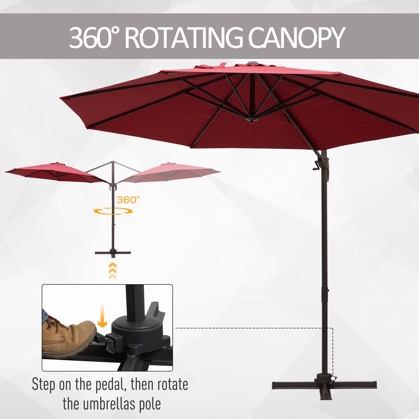 10ft Cantilever Patio Umbrella with 360° Rotation, Crank & Cross Base for Garden Deck Pool Backyard, Wine Red