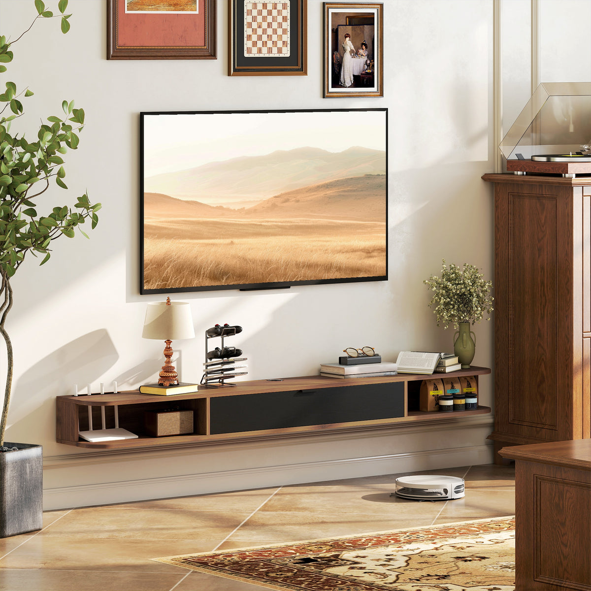 71" Floating TV Stand for TVs up to 75 Inch, Wall Mounted Media Console with Flip Drawer and 2 Open Shelves, Walnut
