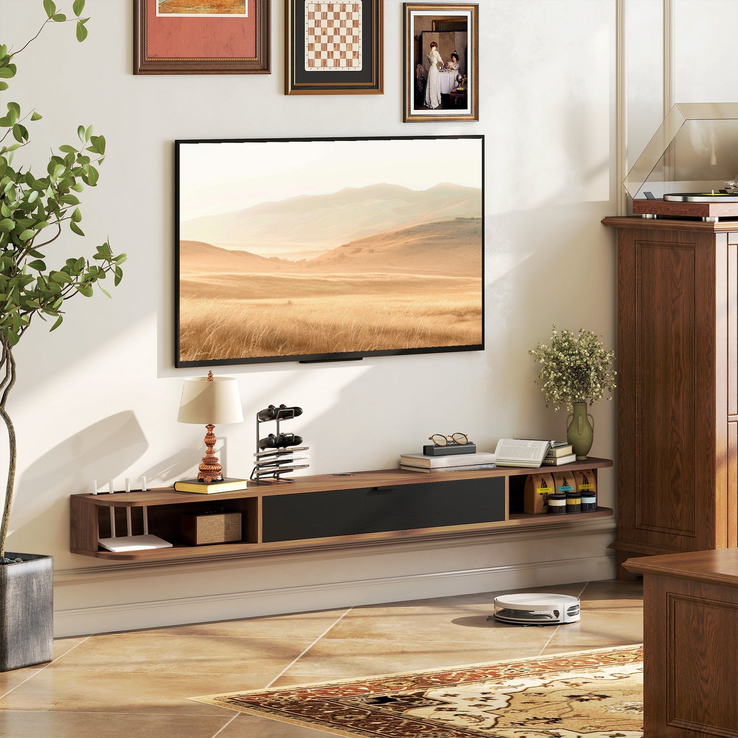 71" Floating TV Stand for TVs up to 75 Inch, Wall Mounted Media Console with Flip Drawer and 2 Open Shelves, Walnut
