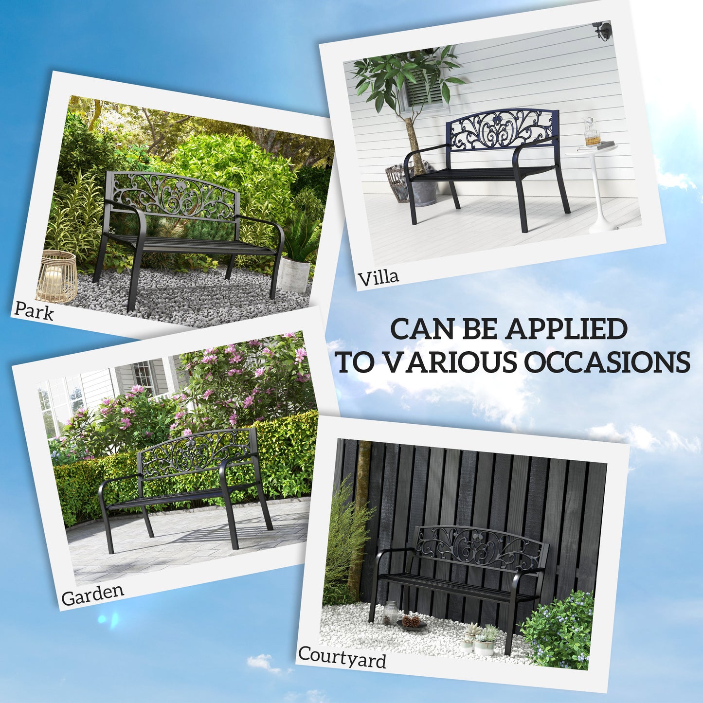50" 2-Seater Garden Bench Chair, Outdoor Blossoming Pattern Garden Decorative Loveseat Bench for Yard, Lawn, Porch, Black