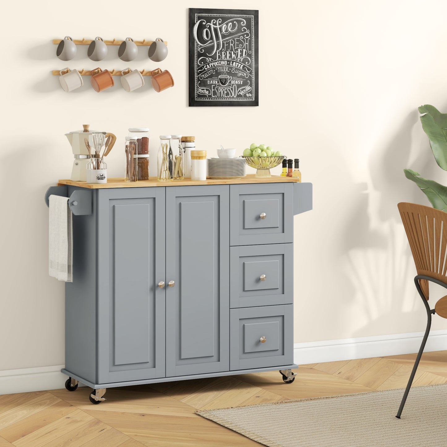 Kitchen Island on Wheels, Kitchen Cart with Drop Leaf, Drawers, Grey