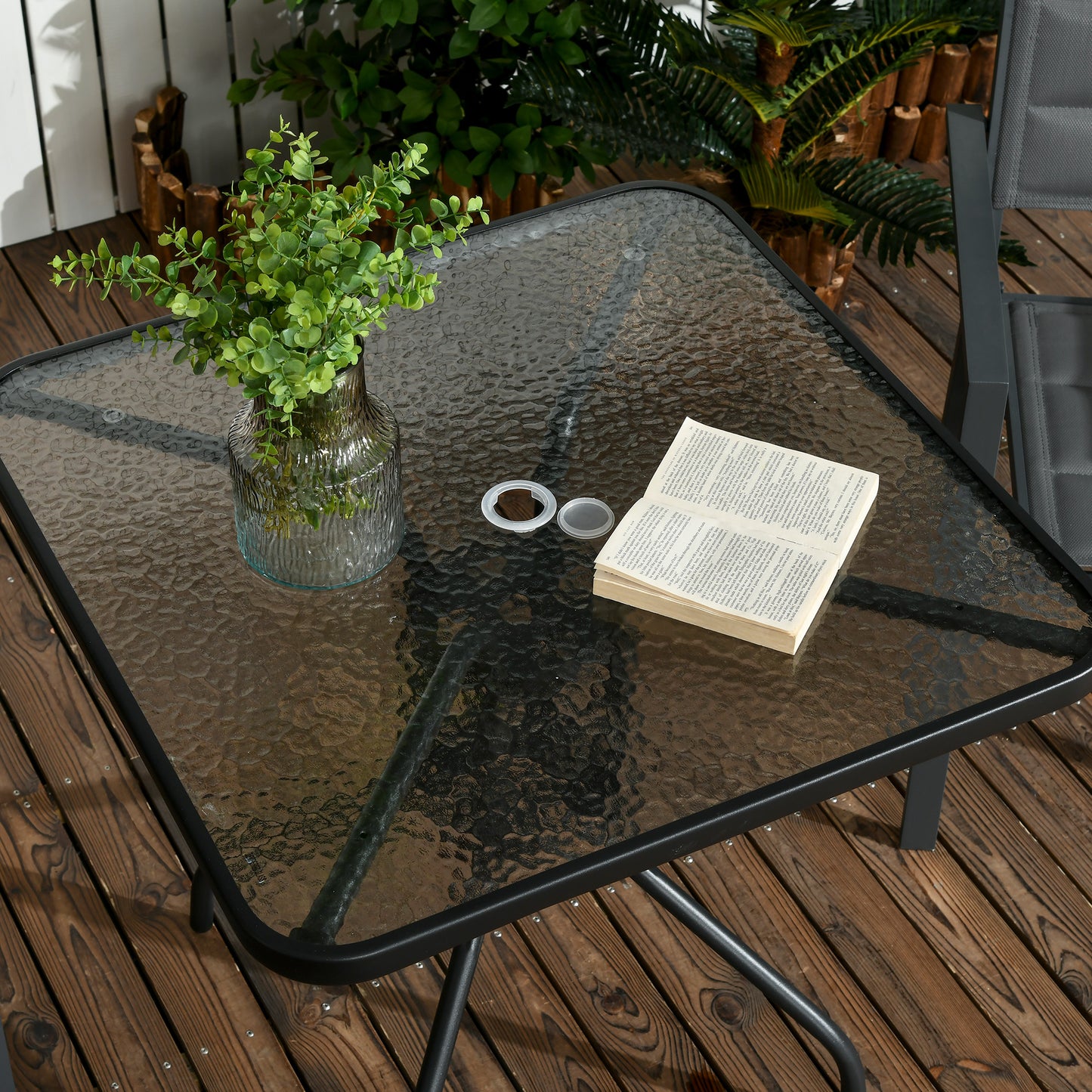 Square Patio Dining Table with Umbrella Hole Tempered Glass Top Outdoor Dining Table for Garden Balcony Black