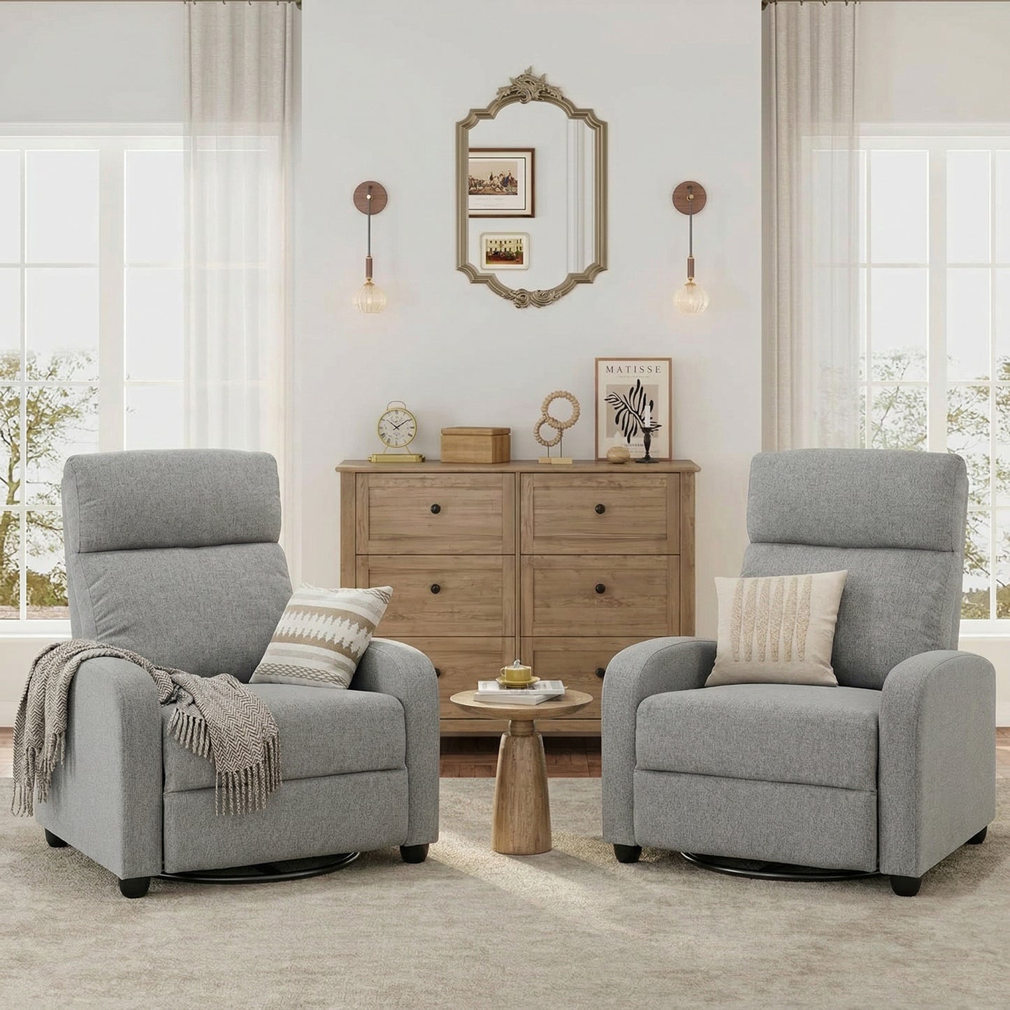 Manual Recliner Single Sofa Chair, Linen-Touch Home Theater Seating Armchair for Living Room, Light Grey