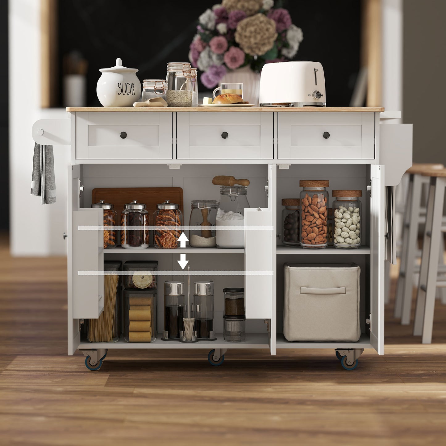 Kitchen Island on Wheels with Drop Leaf, Charging Station, Rolling Kitchen Cart with Wood Top, Adjustable Shelf, White