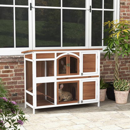 Two-Tier Wooden Rabbit Hutch with Openable Roof & Tray