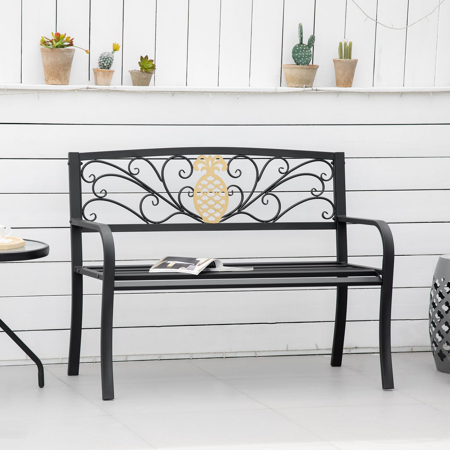 2 Seater Garden Bench 45" x 21.75" x 35.5" Steel Frame Loveseat for Yard, Lawn, Porch, Patio, Black and Gold