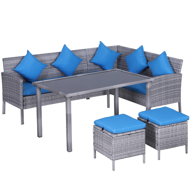 Bright Blue 5-Piece Wicker Conversation Set with Ottomans