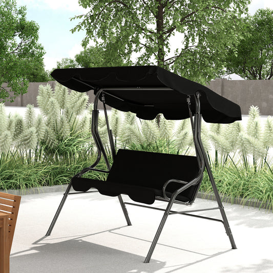 Outdoor Porch Swing with Adjustable Canopy, 3-Seater Patio Swing Chair with Cushion, Black - Black