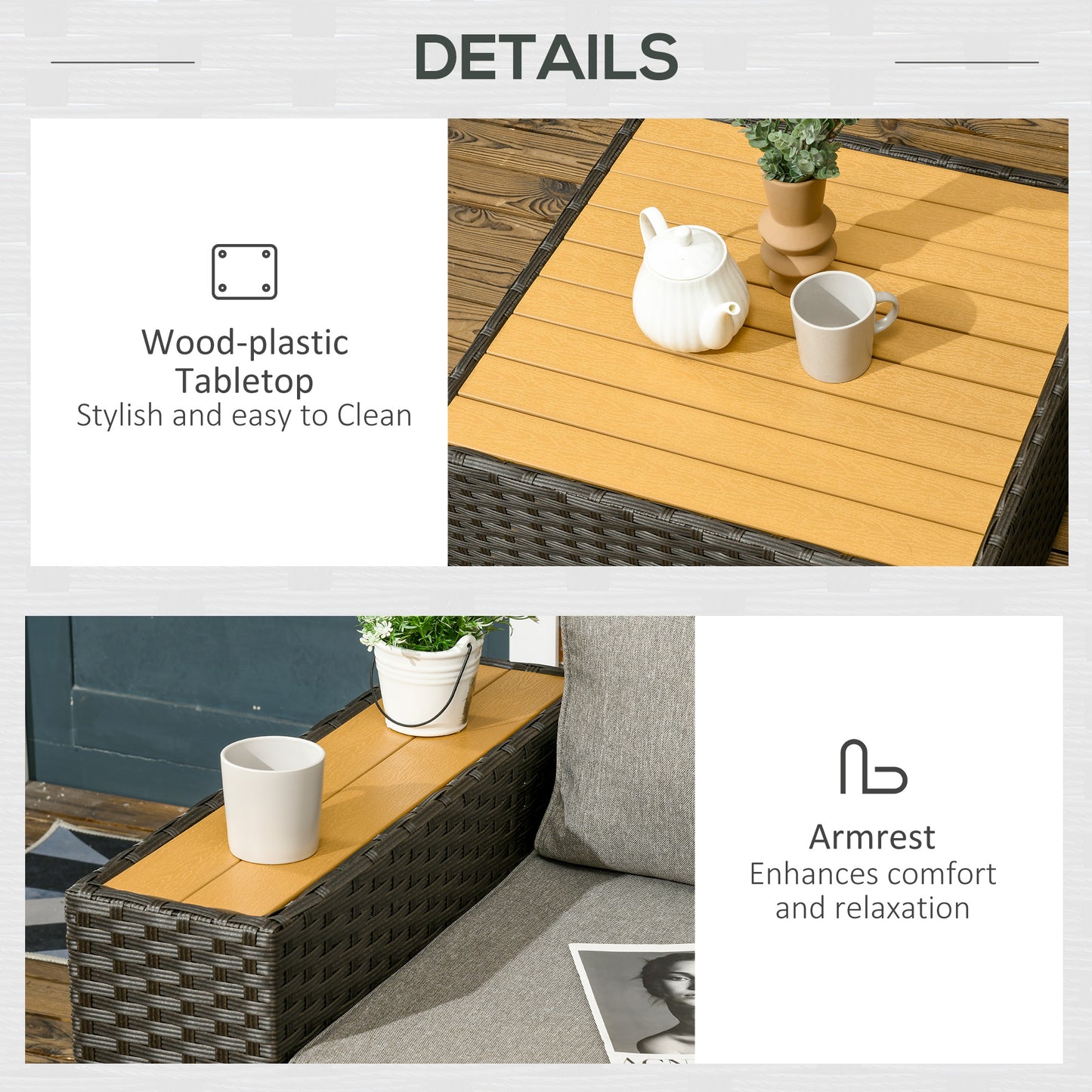 6 Pieces Outdoor Rattan Patio Furniture Set with Corner Sofa, Wood-Plastic Coffee Table, Navy Blue