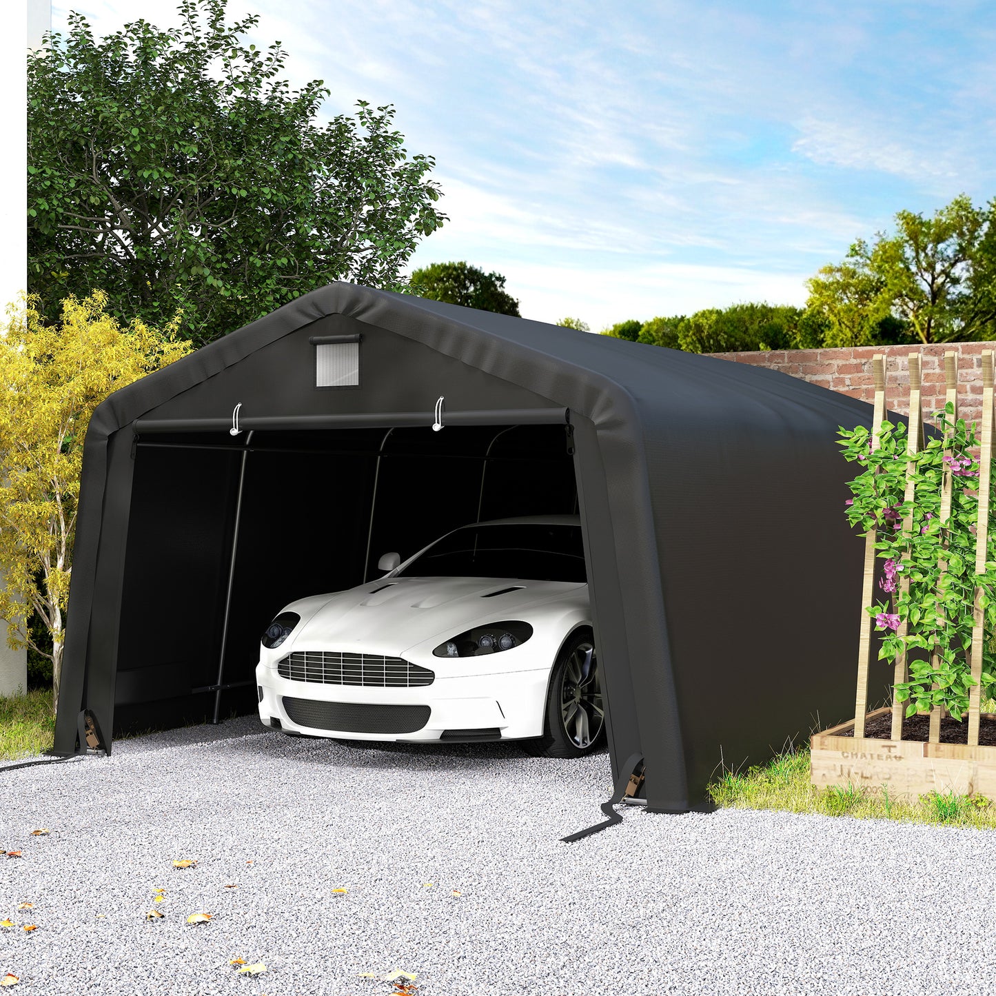 Portable Garage, Heavy Duty Carport Canopy with Ventilation Windows and Large Roll-up Door, Dark Grey