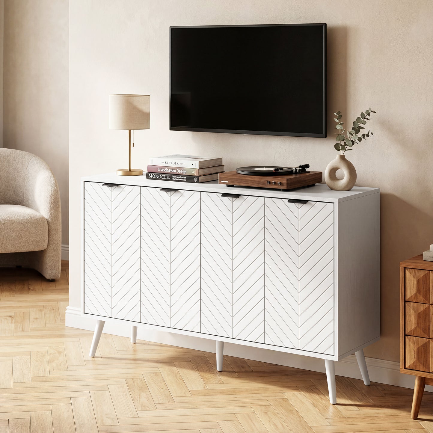 Modern Sideboard and Buffet, Dining Room Cabinet with Adjustable Shelves and 4 Doors, White