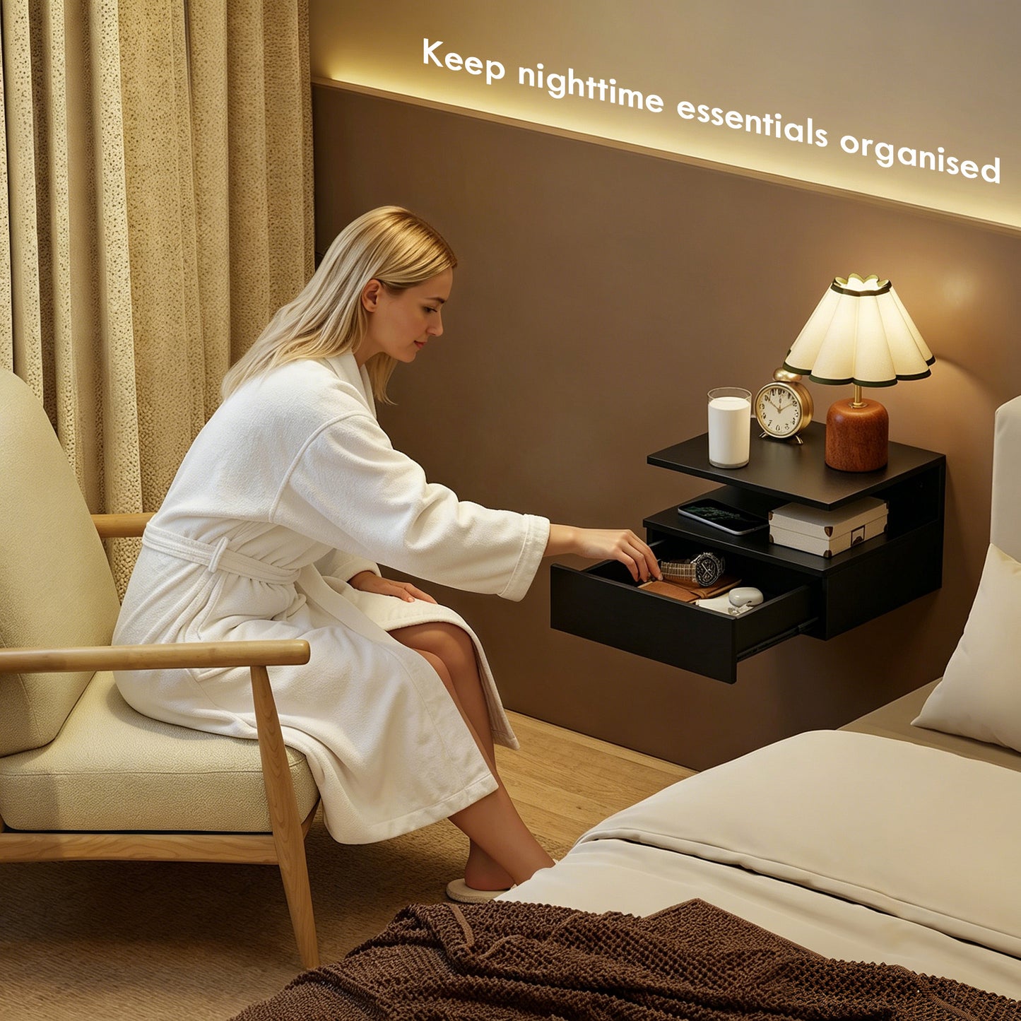 Floating Nightstand Set of 2, Wall Mounted Bedside Table with Power Outlets, Drawer and Shelf, Black