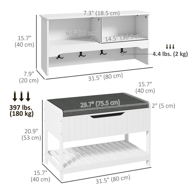 Hall Tree Coat Rack with Shoe Storage Bench - White