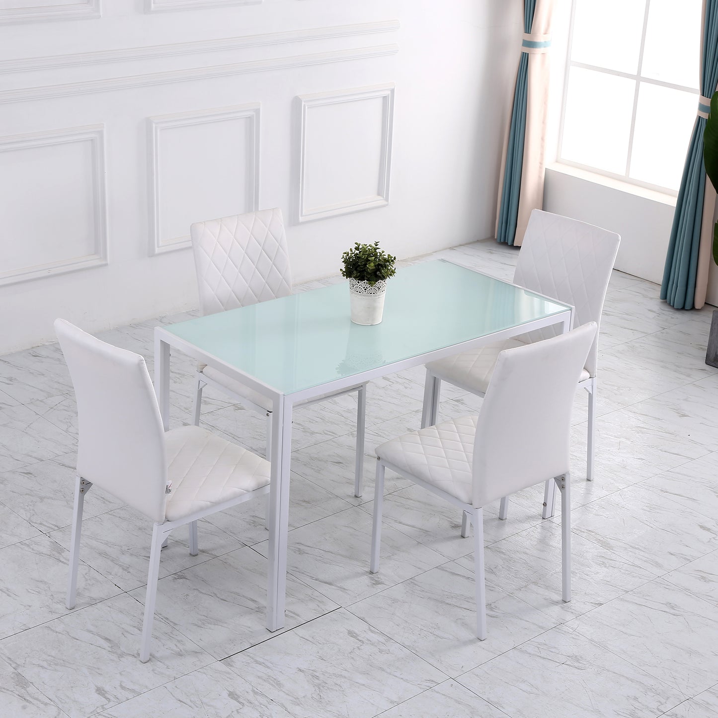 Modern Dining Chairs Set of 4, Upholstered Faux Leather Kitchen Chairs with Rhombic Tufting and Metal Legs for Living Room, White