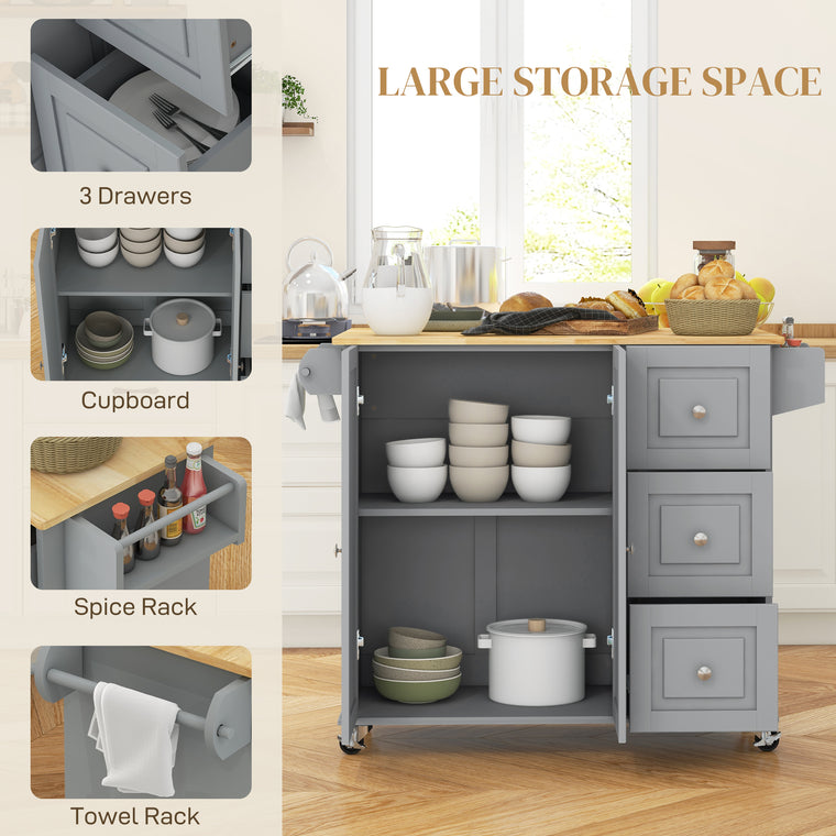 Rolling Kitchen Cart with Drop Leaf and Drawers - Grey