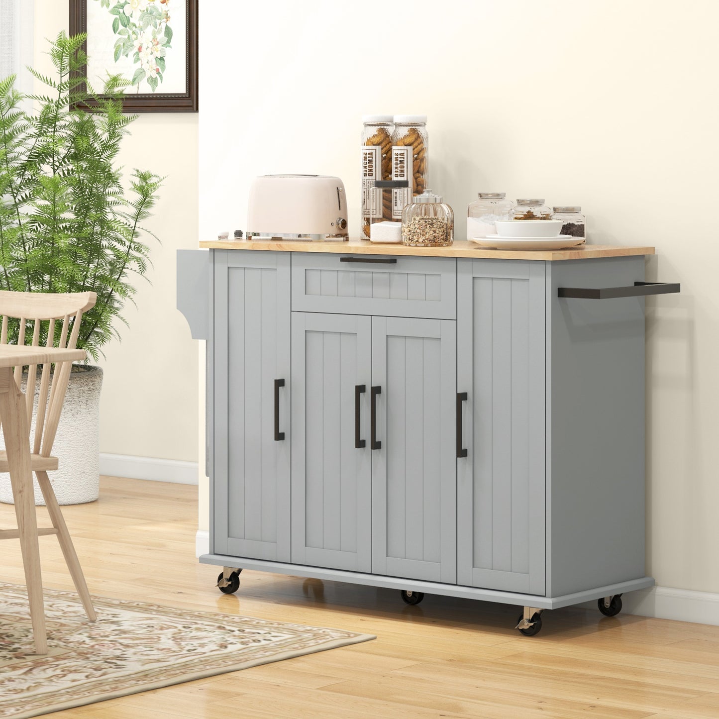 Modern Rolling Kitchen Island Cart with Drawers, Natural Wood Top, Towel Rack, Door Storage Cabinet, Grey