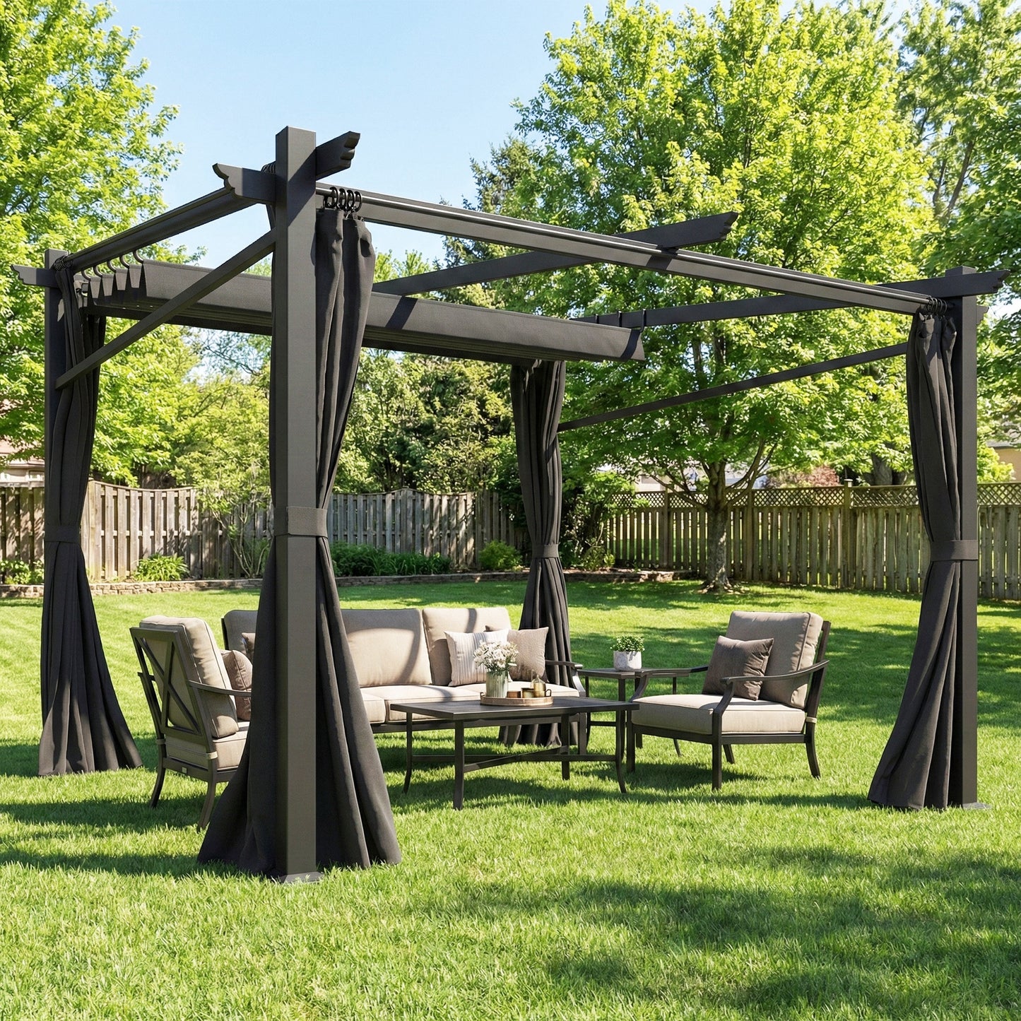 Metal Pergola with Sliding Roof Canopy, Retractable Pergola Canopy