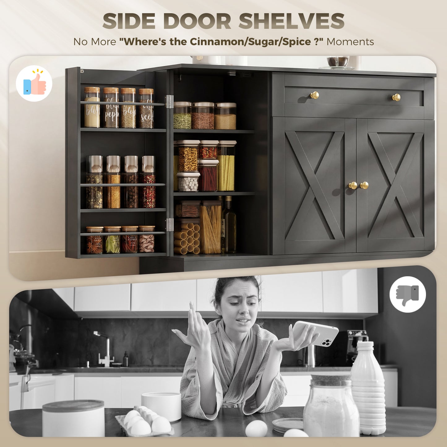Sideboard Buffet Cabinet, Farmhouse Coffee Bar Cabinet with Door Shelves, Adjustable Shelves, Drawer, Barn Doors, Black