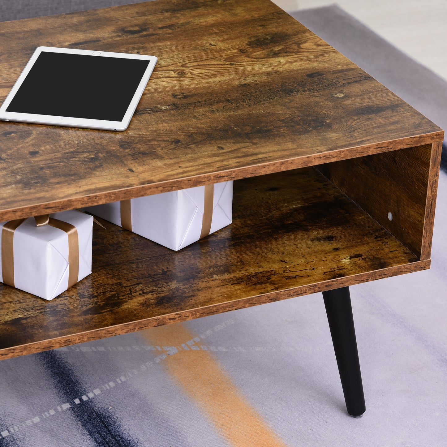 Retro Coffee Table with Storage Shelf and Drawer for Living Room, Vintage Wooden Sofa Side Table, Rustic Brown