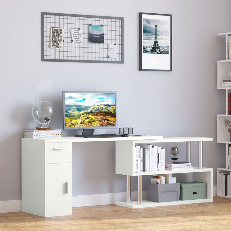 L-Shaped Rotating Computer Desk with Storage - White