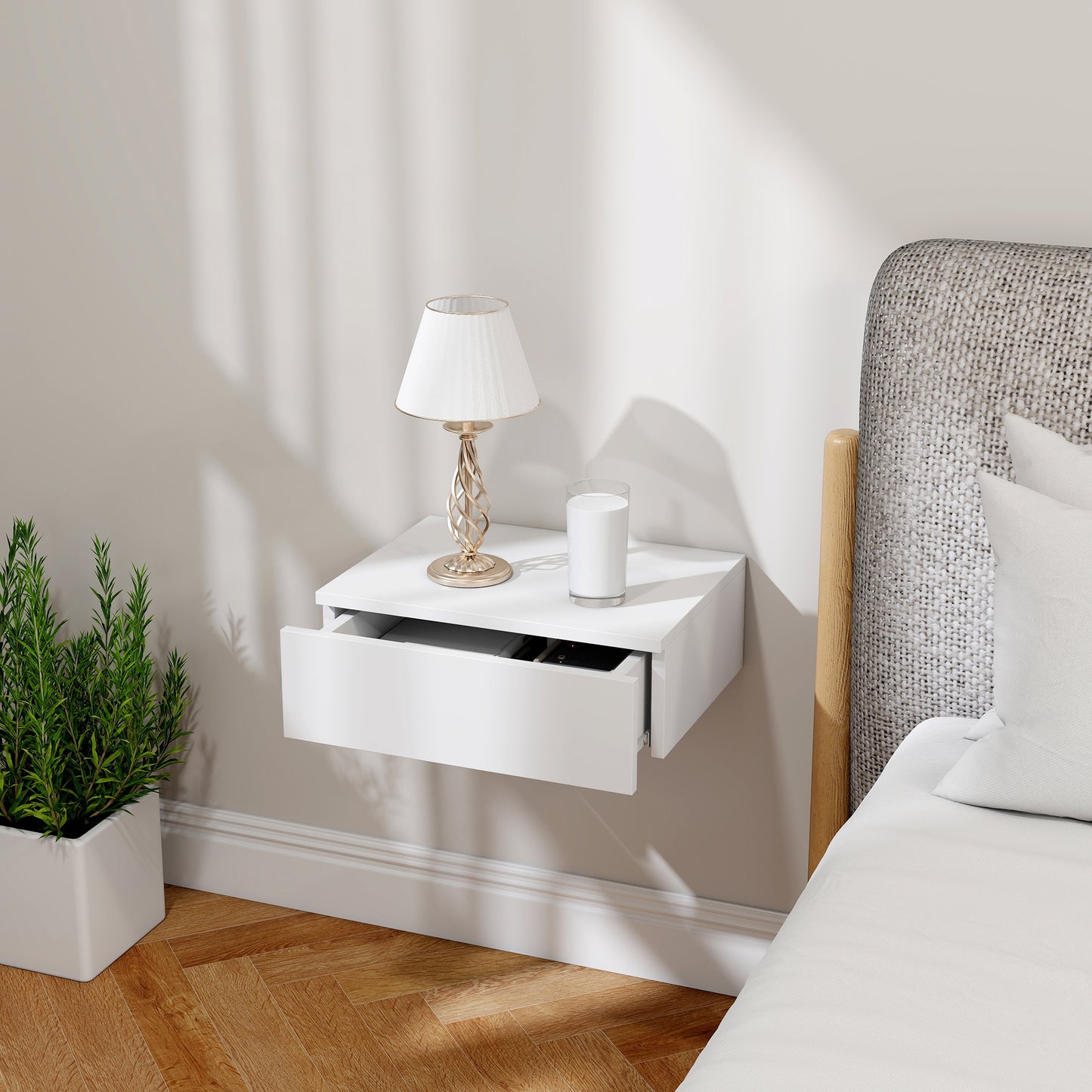 Set of 2 Wall Mounted Bedside Tables, Floating Nightstands with Drawer for Bedroom, White
