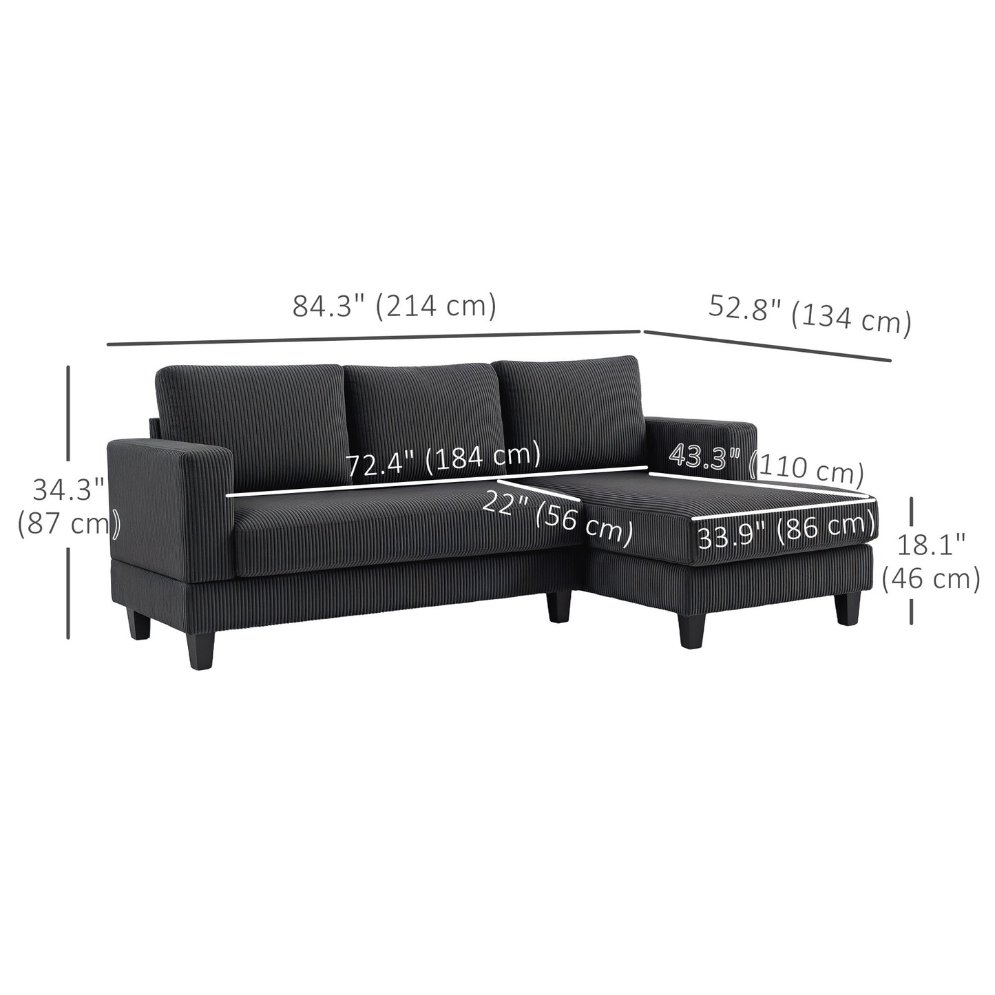 L Shaped Couch, L Shape Sofa with Chaise Lounge and Spring Cushion for Living Room, Bedroom, Grey