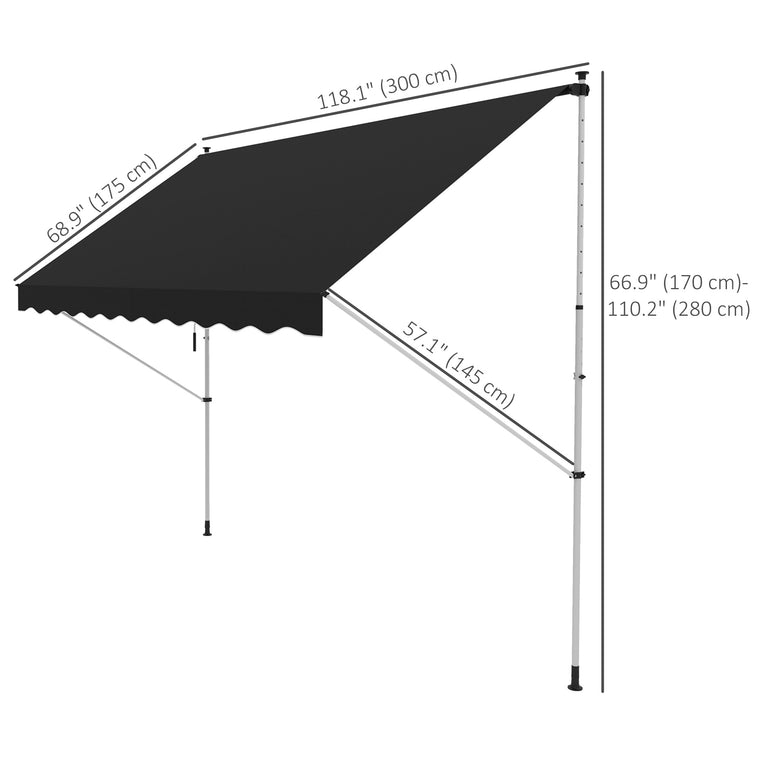10' x 5' Black Retractable Awning with Support Pole