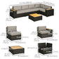 6 Pieces Outdoor Rattan Patio Furniture Set with Corner Sofa, Wood-Plastic Coffee Table, Navy Blue
