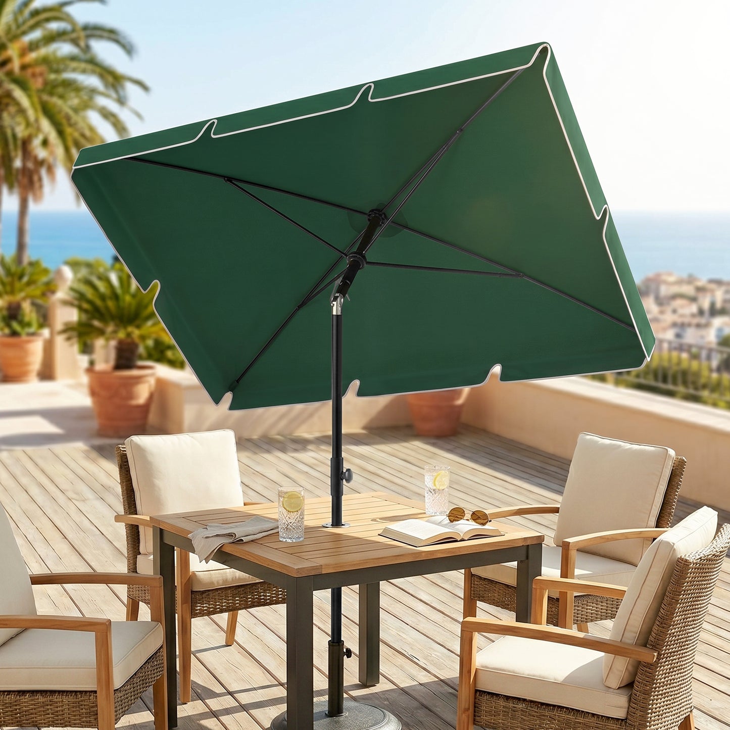 6.5x4ft Rectangle Patio Umbrella Aluminum Tilt Adjustable Garden Parasol Sun Shade Outdoor Canopy Green
