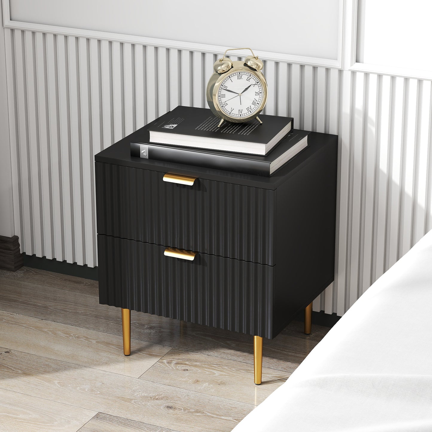 Bedside Table, Modern Nightstand with 2 Drawers, Side End Table with Metal Legs for Living Room, Bedroom, Black