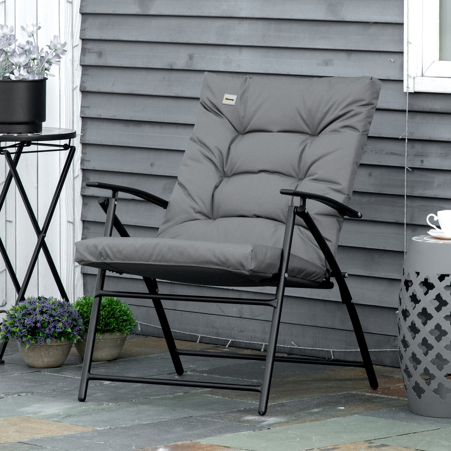 Foldable Lounge Chair, Fabric Upholstered Recliner, Outdoor Lounger with Armrest, Metal Frame for Backyard, Blue