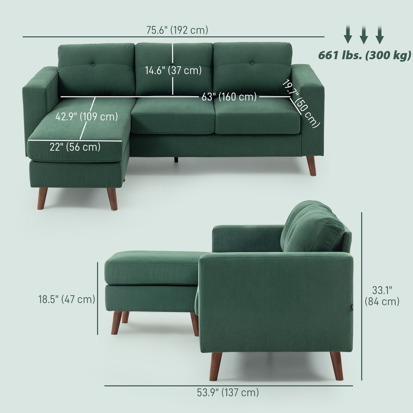 Sectional Sofa with Changeable Chaise Lounge, 3 Seat L-Shaped Sofa, Upholstered Couch for Small Space, Dark Green