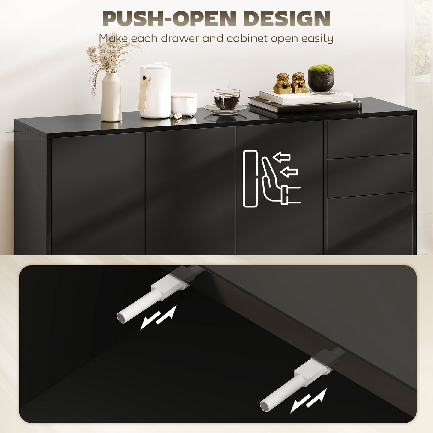 Kitchen Sideboard Storage Cabinet, Modern Coffee Bar Cabinet with Push-Open Design and 2 Drawers for Living Room, Black