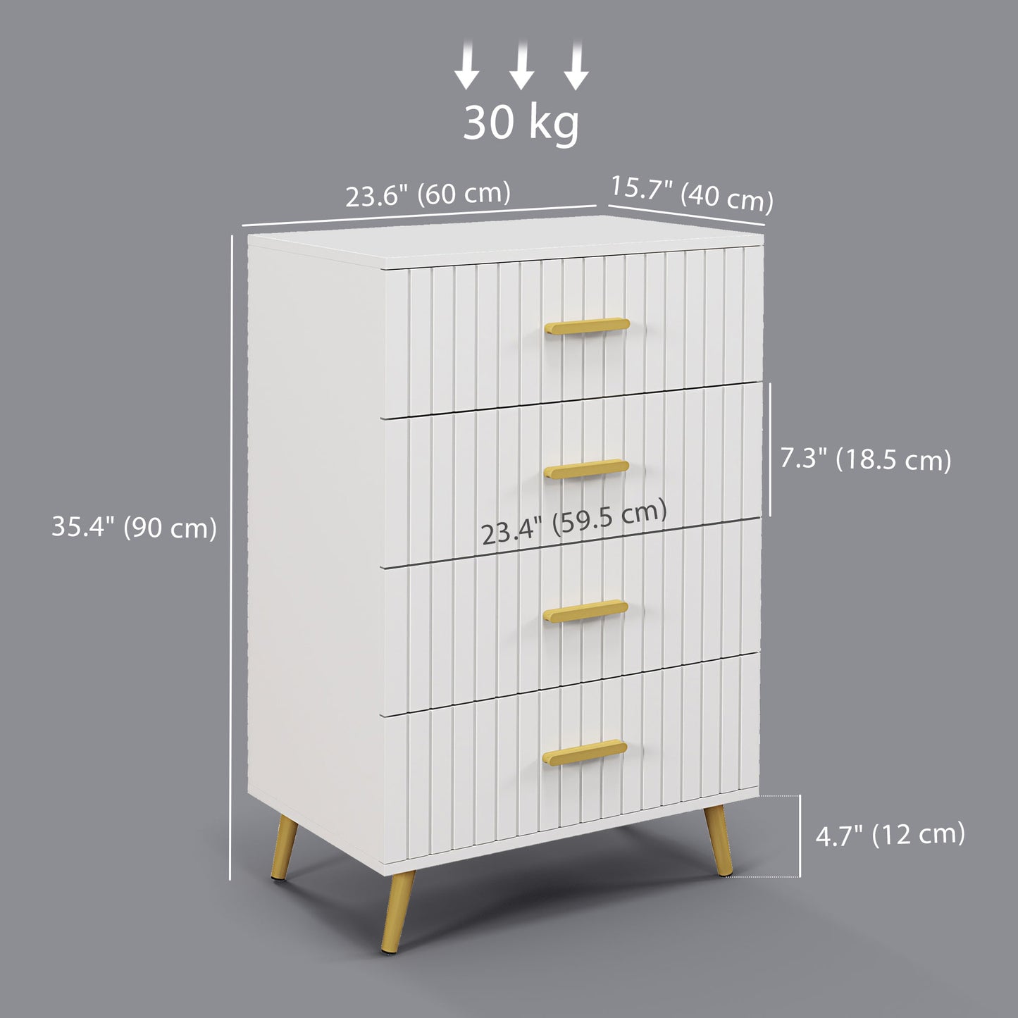 4 Drawer Cabinet, Drawer Chest for Bedroom, Chest of Drawers with Aluminium Legs and Gold Handles, White