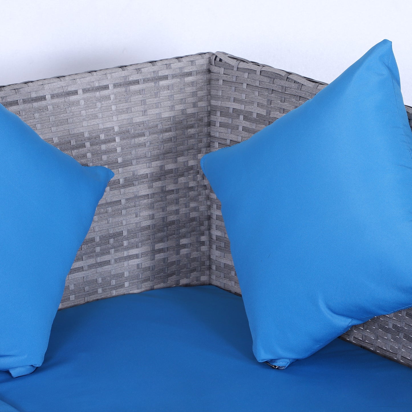 5 Pieces Wicker Patio Conversation Dining Furniture Set with Cushions, Table and Ottomans, Bright Blue