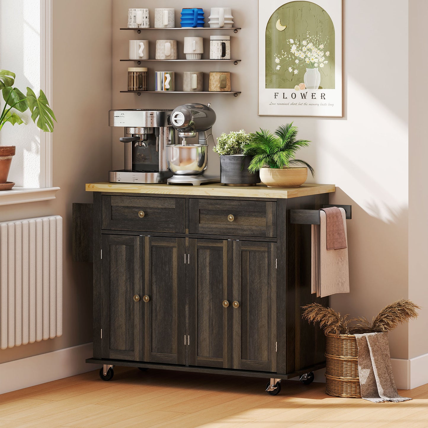 Kitchen Island with Storage, Rolling Trolley Cart with Rubber Wood Top, Spice Rack, Towel Rack, Brown Oak