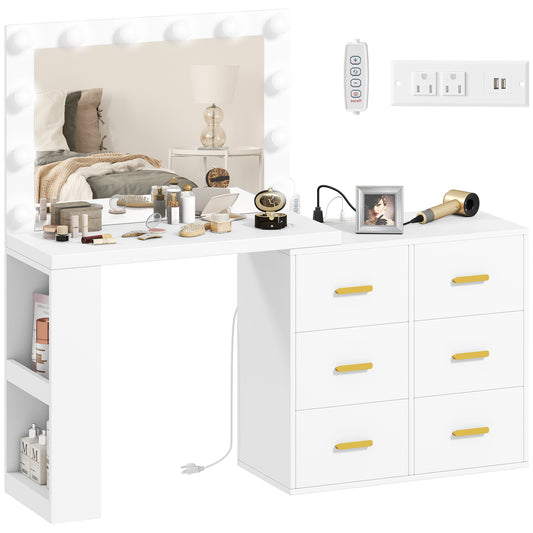 LED Vanity Desk with Mirror and 6 Drawers - White
