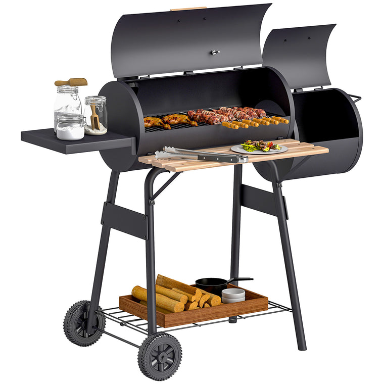 124 x 53 x 104 cm Black Charcoal BBQ Grill with Offset Smoker