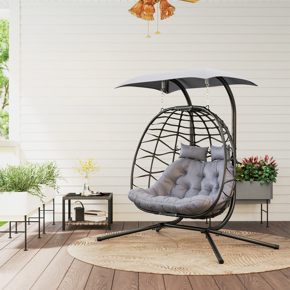Double Wicker Egg Swing Chair with Canopy, Foldable Hanging Egg Chair with Stand Cushion Headrest, Black