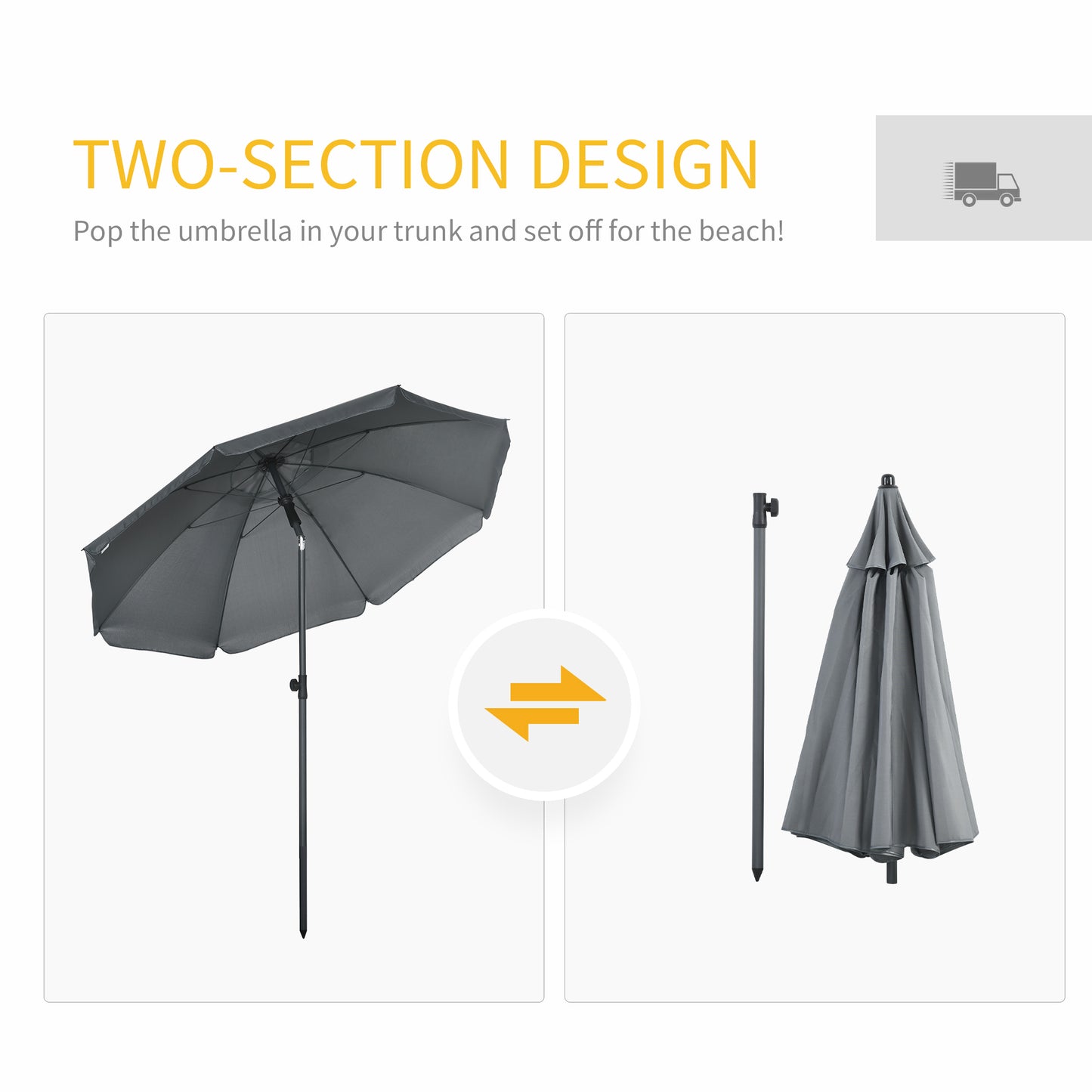 6ft Beach Umbrella, Outdoor Sun Shade Parasol with Push Button Tilt, Ruffled UV50+ Vented Canopy, Dark Grey