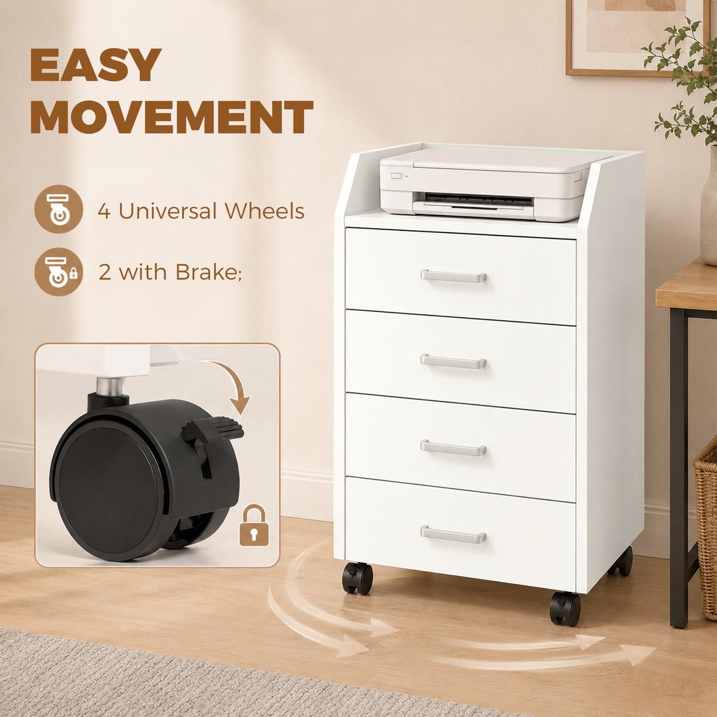 4-Drawer Vertical Mobile Filing Cabinet, File Cabinet with Lockable Wheels for Home Office, White