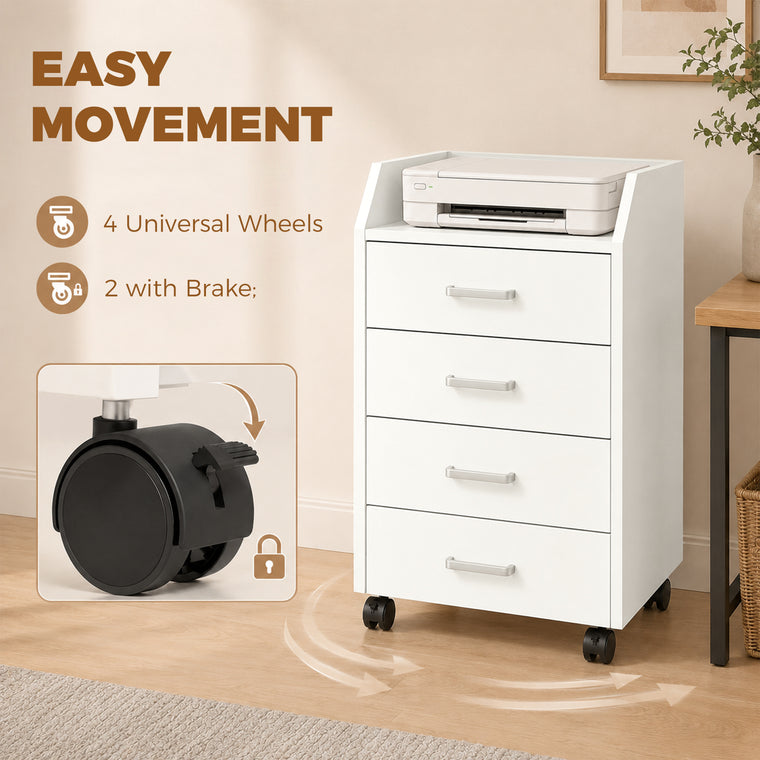 4-Drawer Mobile Filing Cabinet with Lock - White
