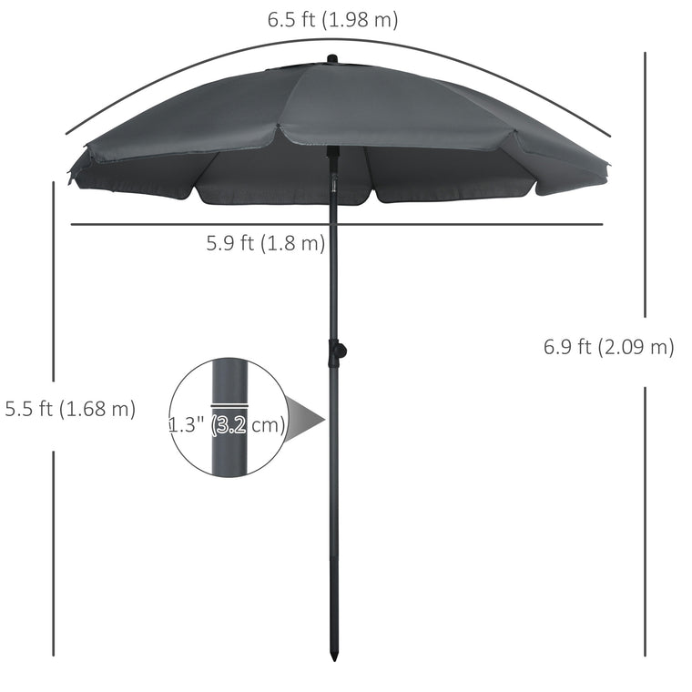 6ft Dark Grey Beach Umbrella with Push Button Tilt & Vents