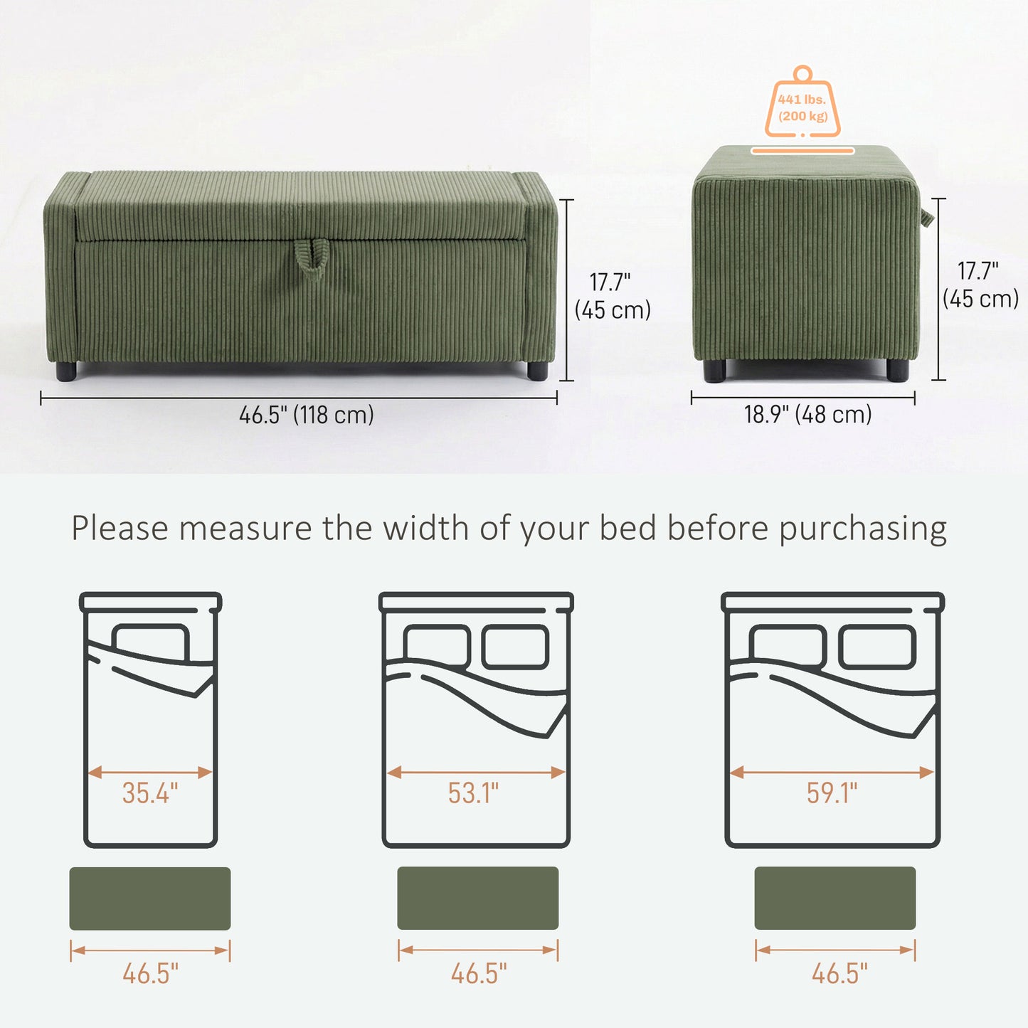 Storage Ottoman, Upholstered Corduroy End of Bed Bench with Thick Padding, Storage Bench for Bedroom, Dark Green