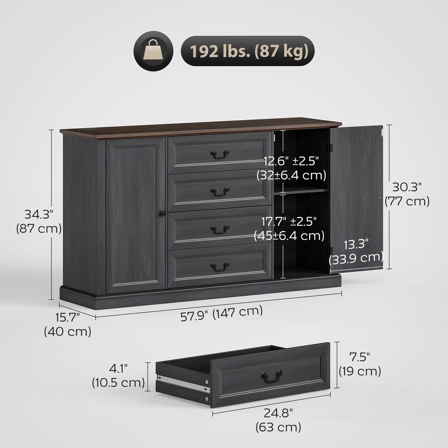 Farmhouse Sideboard with Charging Station, 58" Buffet Cabinet, Kitchen Storage Cabinet with 4 Drawers, 2 Doors, Black