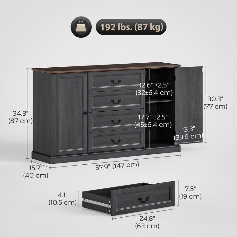 58" Farmhouse Sideboard with Charging Station and 4 Drawers