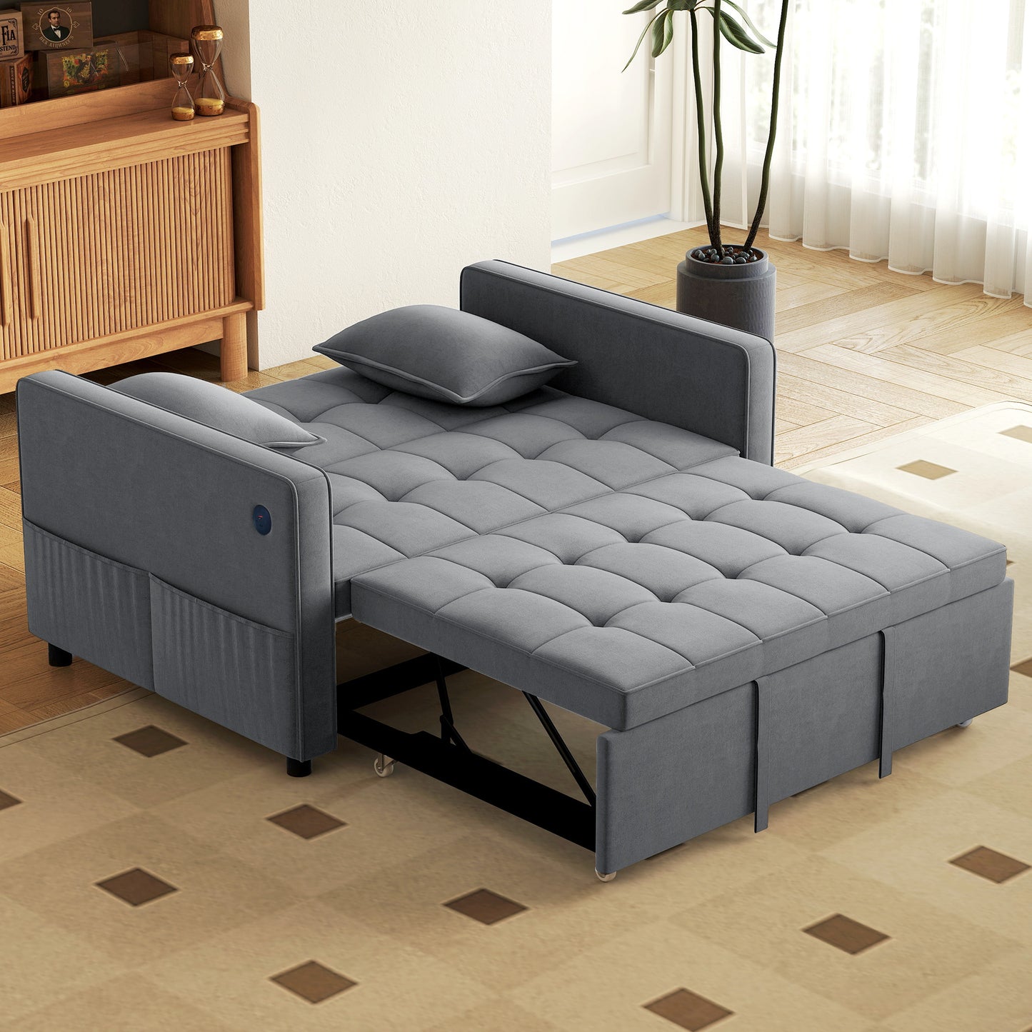 3-in-1 Convertible Sofa Bed, Pull-Out Sleeper Sofa with USB Charging, Adjustable Backrest and Side Pockets, Dark Grey