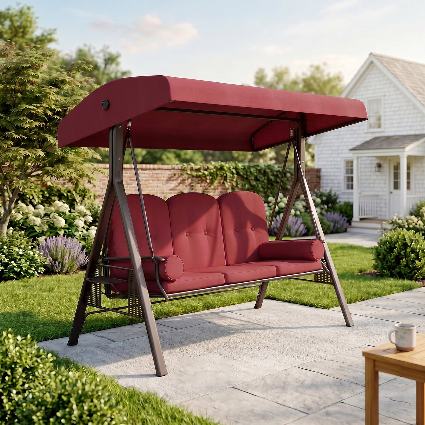 Outdoor Patio 3-Person Steel Canopy Cushioned Seat Bench Swing with Included Side Trays & Padded Comfort, Wine Red - Walnut